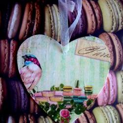 Wooden Heart with bird and macaron design